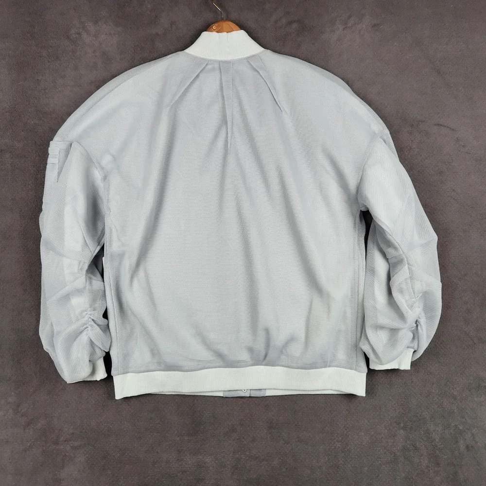 Alo Yoga Field Jacket Womens Medium Dove Grey Mesh Bomber Ruched Sleeve Snap NEW